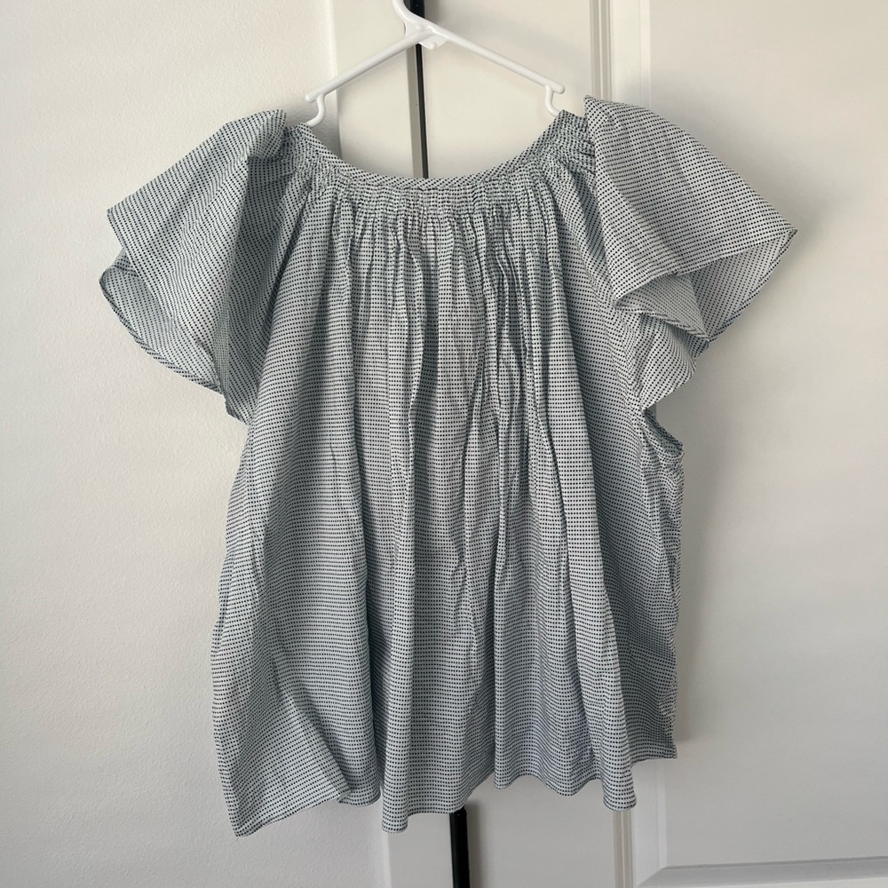 THE GREAT. Light Blue Striped Flutter Sleeve Blouse - Picture 6 of 8